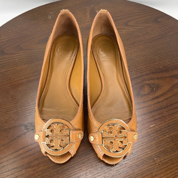 Tory Burch Shoes Women's 6.5M Brown Pebbled Leather Peep Toe Pump Wedge 11128602 - Picture 11 of 16